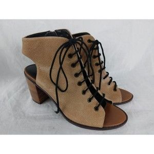 Peep Toe Lace Up Sandals Brown Leather High Heel Side Zipper Womens Size 39 US 9
